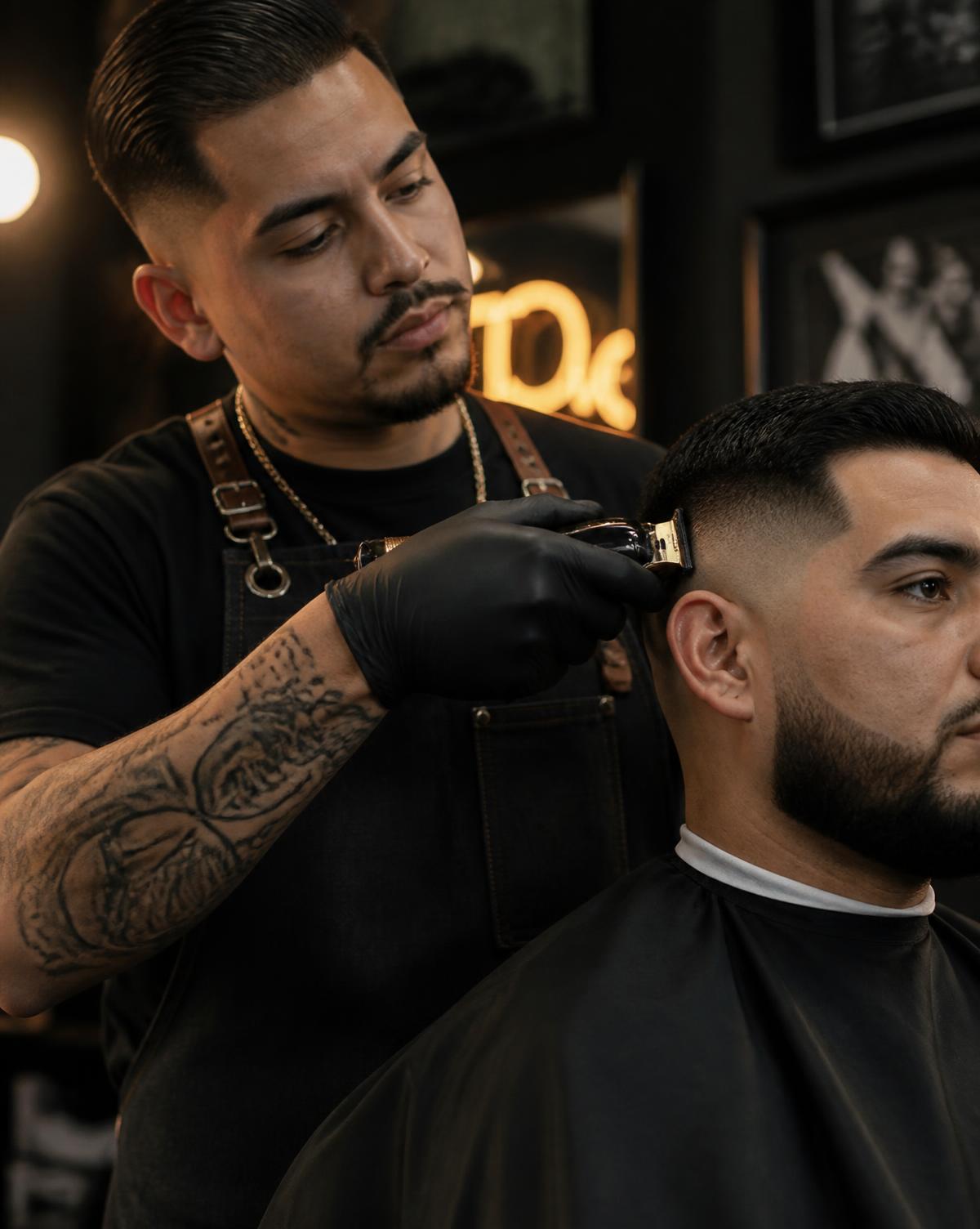 Barber cutting a precise fade at Don Barbas