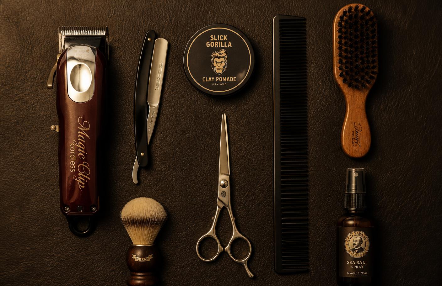 Barber tools laid out on leather